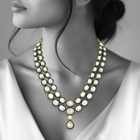 Twin-Line Polki Necklace with Blue Enamel and Pear Pendant